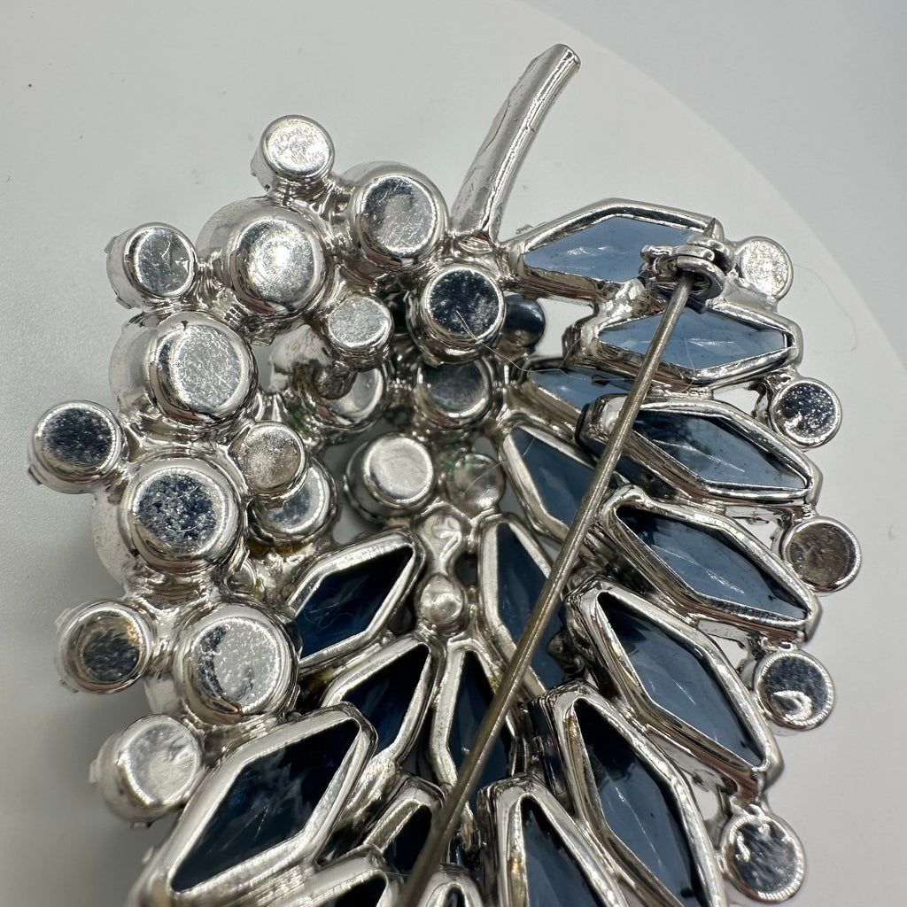 Juliana vintage book piece large silver tone blue green rhinestones leaf brooch
