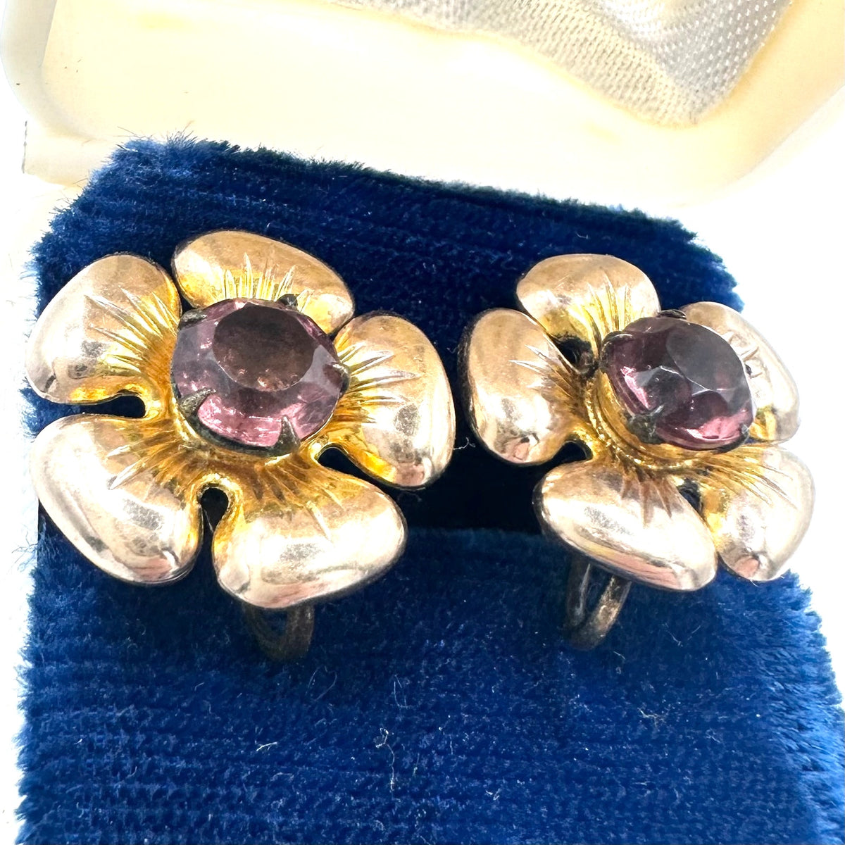 1940s sterling silver gold plated flowers purple rhinestones screw back earrings