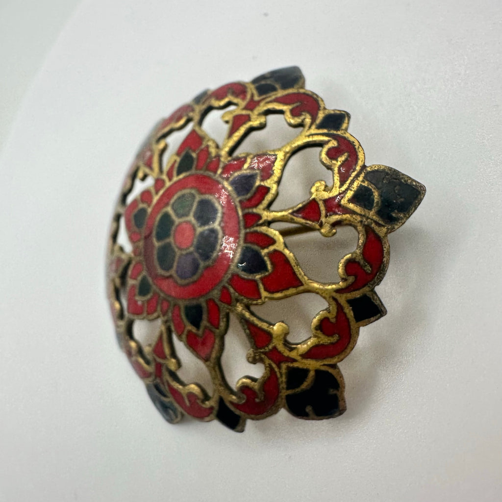 Antique 1890s Victorian French red black champlevé enamel openwork brass brooch