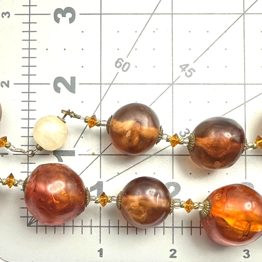 Antique 1920s 1930s Art Deco faux amber large lucite beads beaded 21" necklace