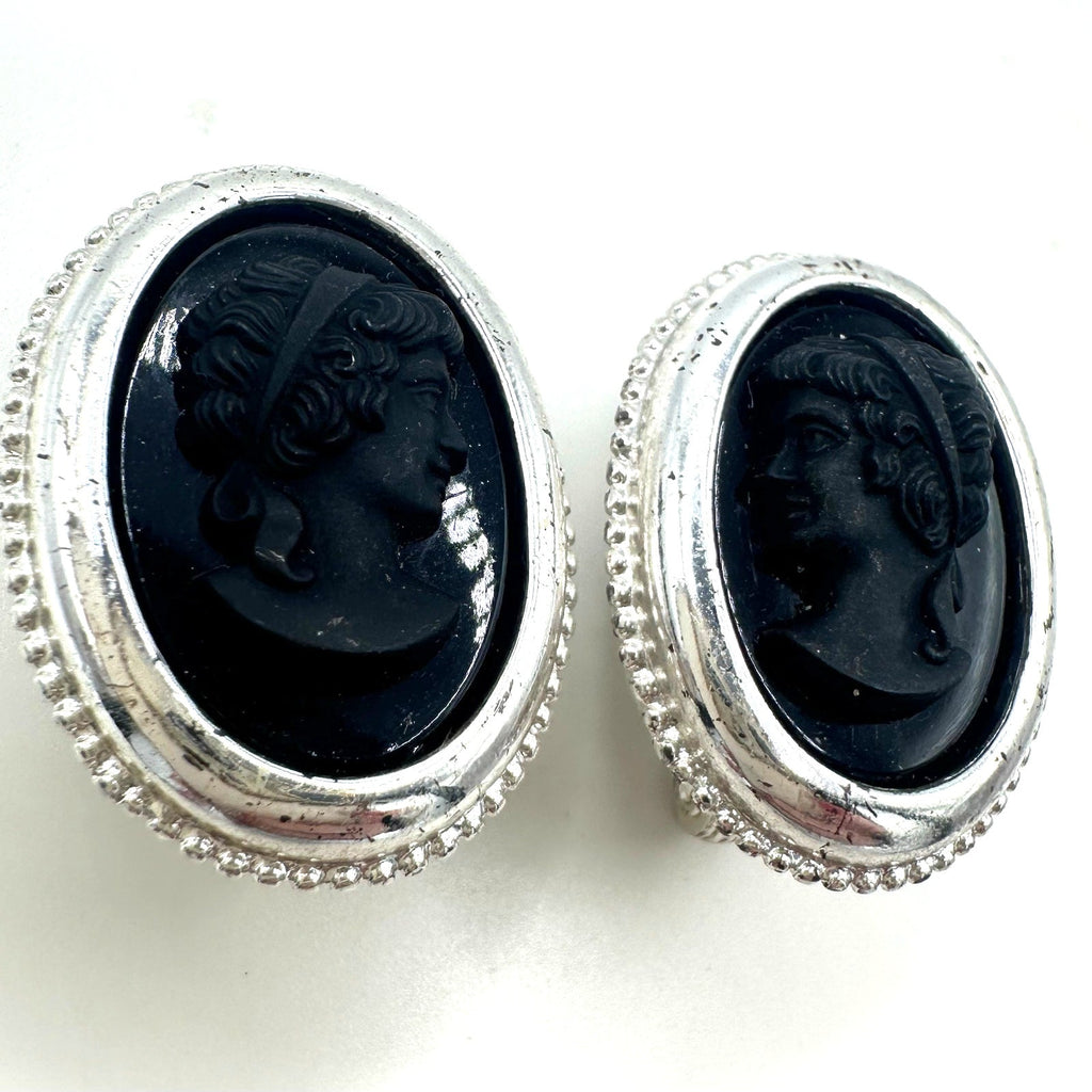 Vintage silver tone oval black glass mirrored cameos clip on earrings