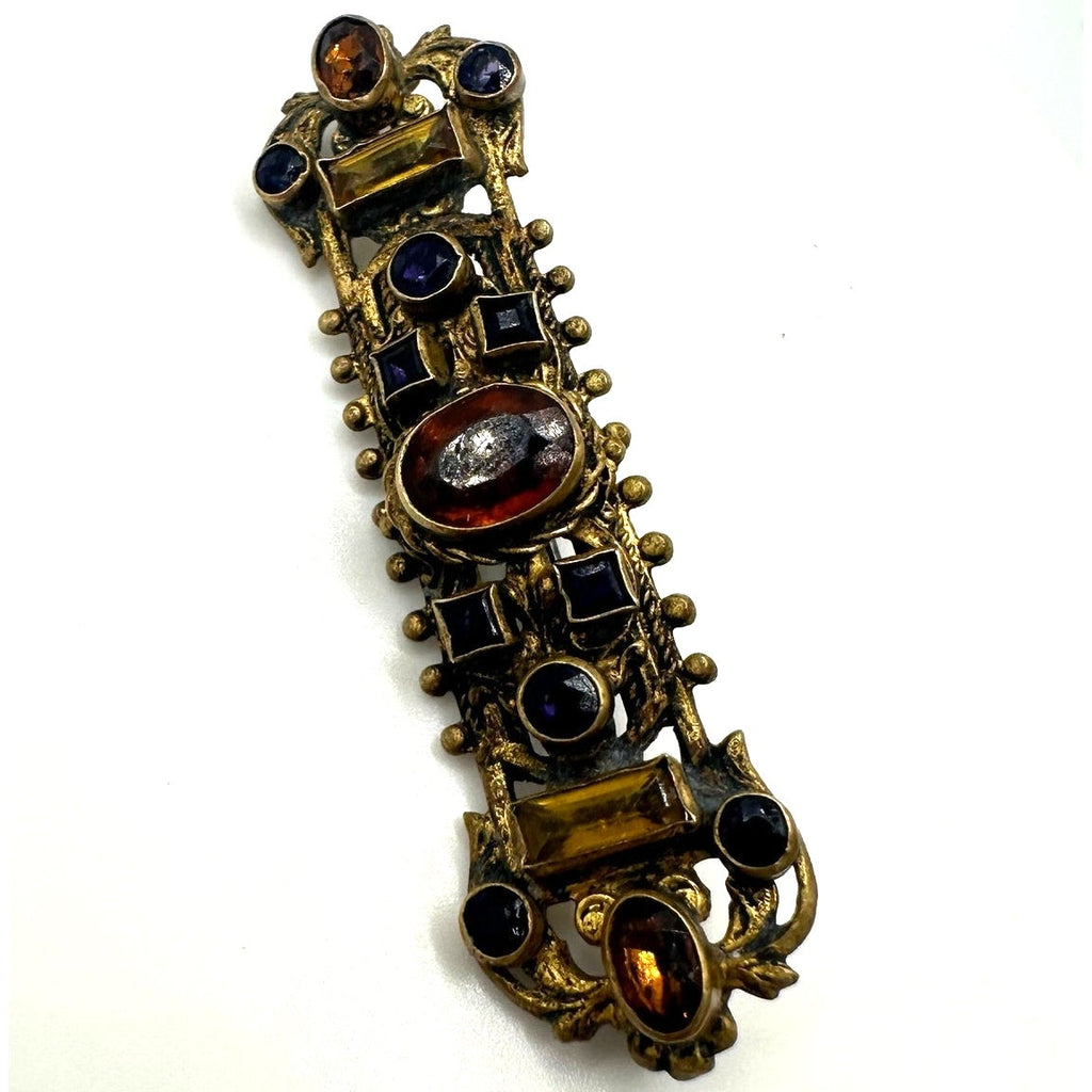 Antique 1800s gold gilt multicolor glass gems Etruscan Revival bar pin brooch