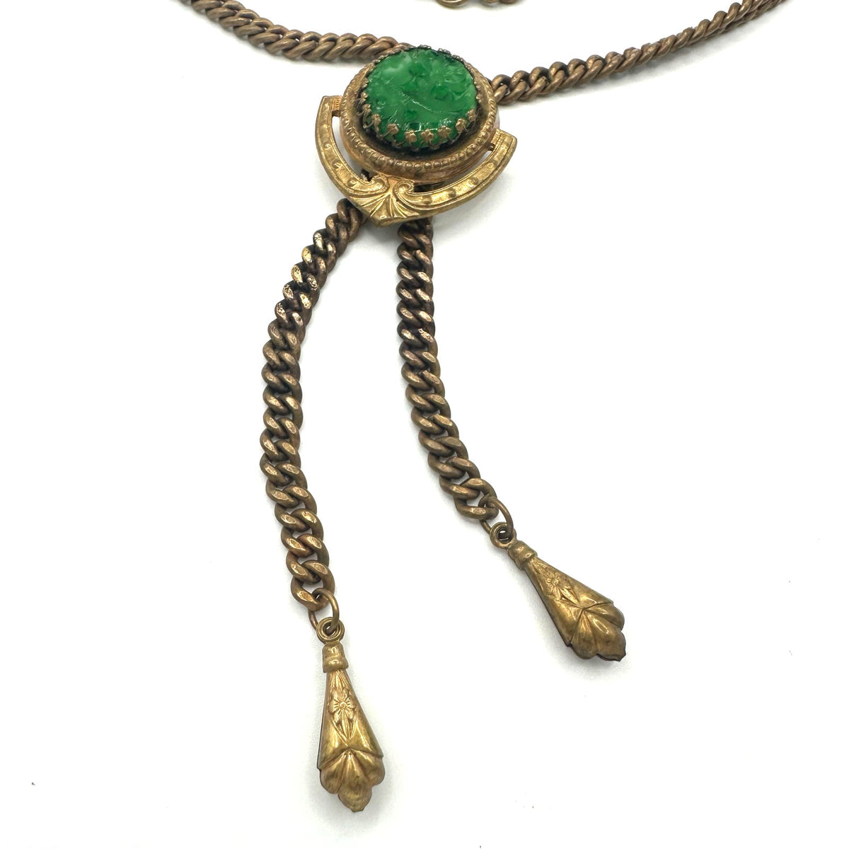 Antique vintage Victorian Revival brass molded green glass slider fob necklace