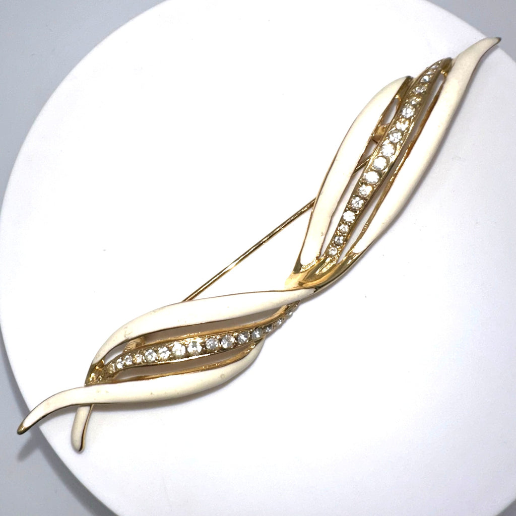 Erwin Pearl vintage gold tone white enamel clear rhinestones 4.5” bar pin brooch