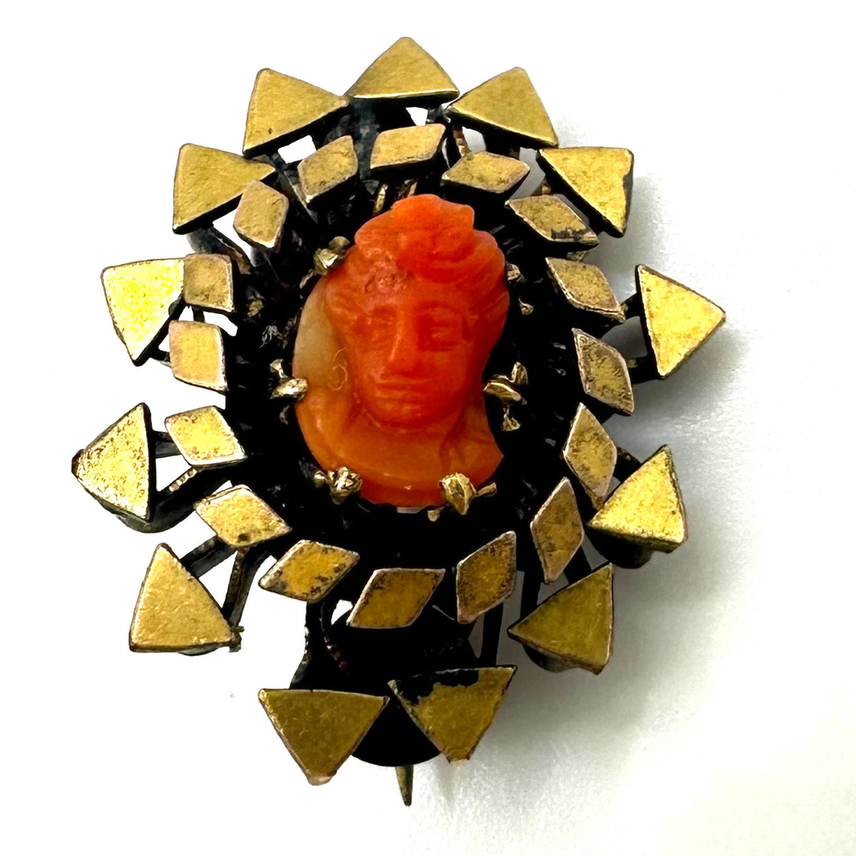 Antique Victorian 1800s gold filled carved red coral cameo dainty tiny brooch