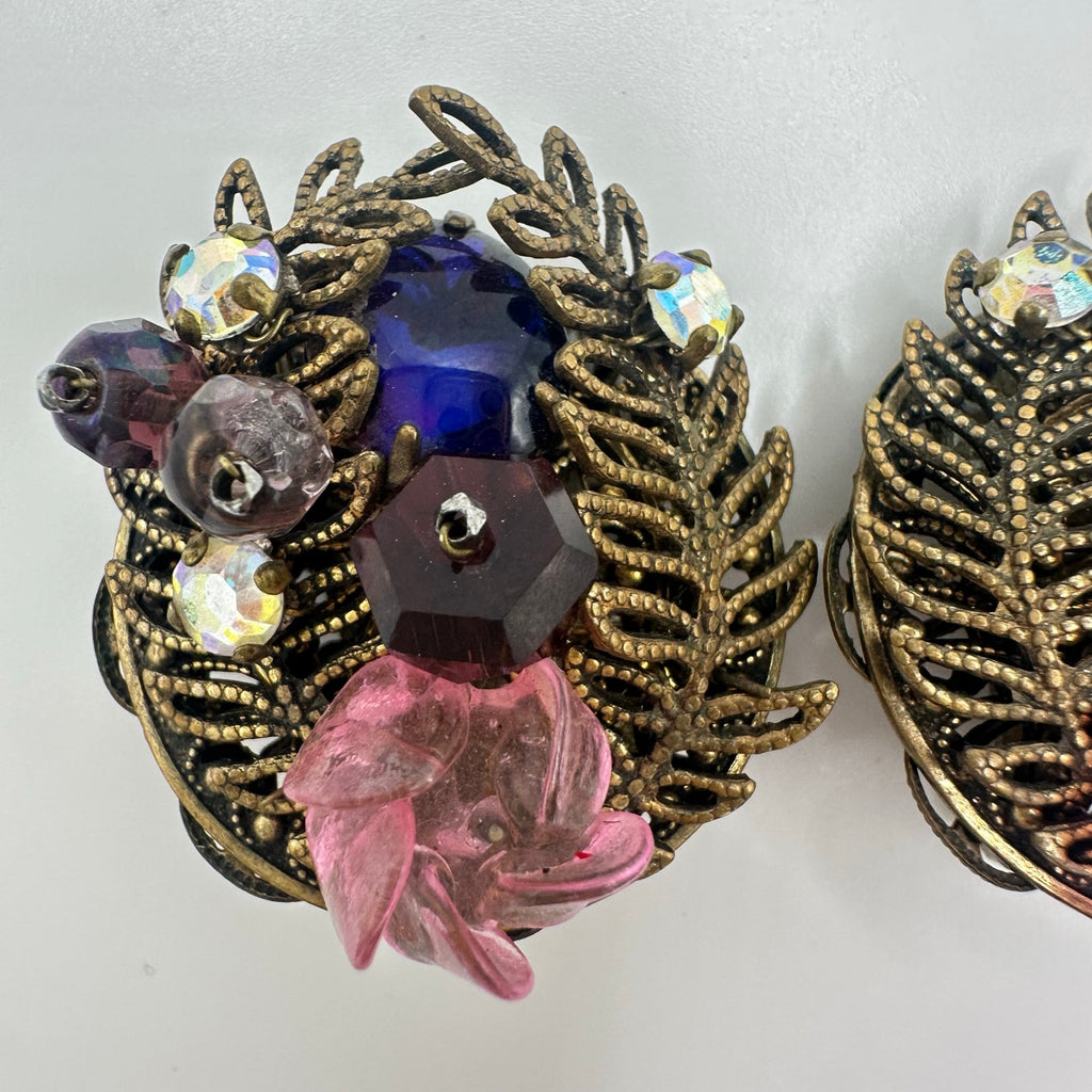 1950s vintage gold tone filigree art glass beads AB rhinestones clip on earrings