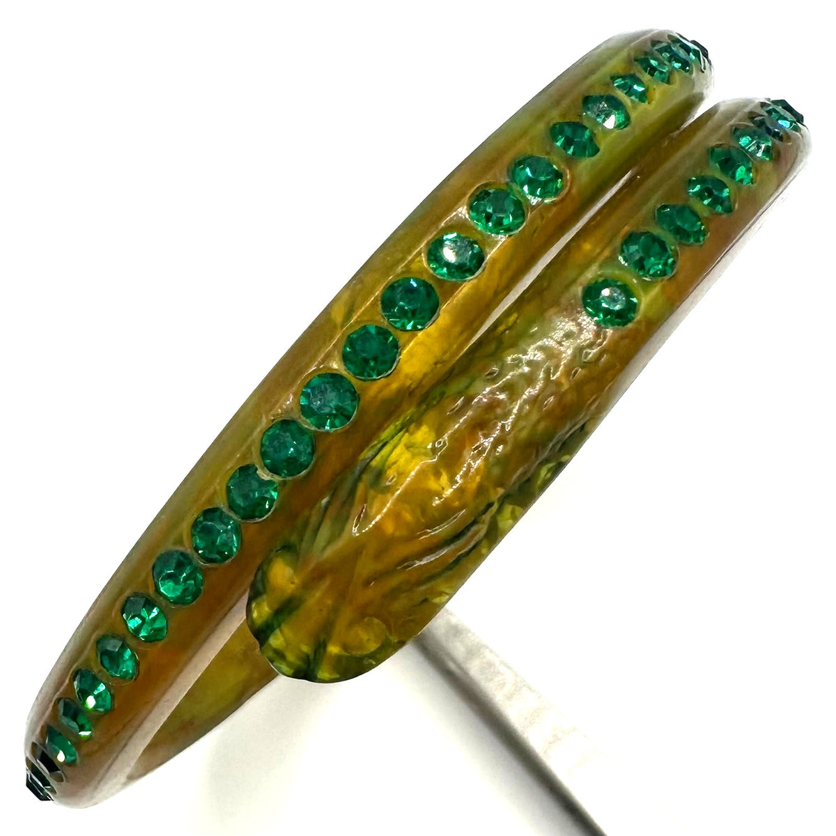 Antique Art Deco yellow celluloid green Czech rhinestones snake bangle bracelet