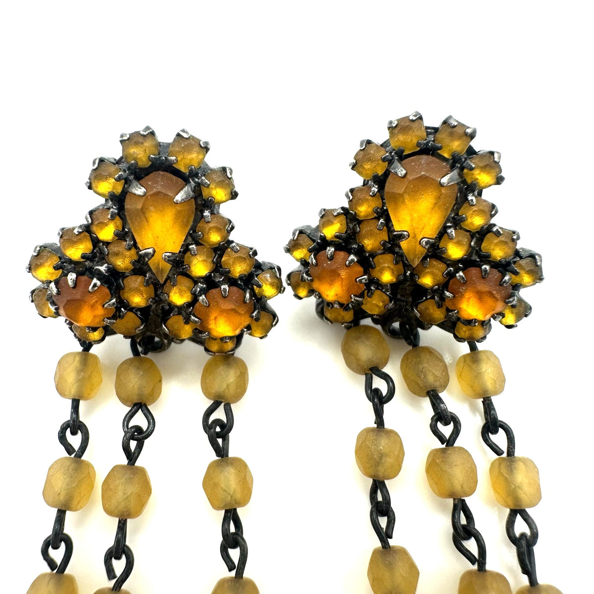 Vintage silver pewter tone topaz rhinestones beaded fringe drop post earrings