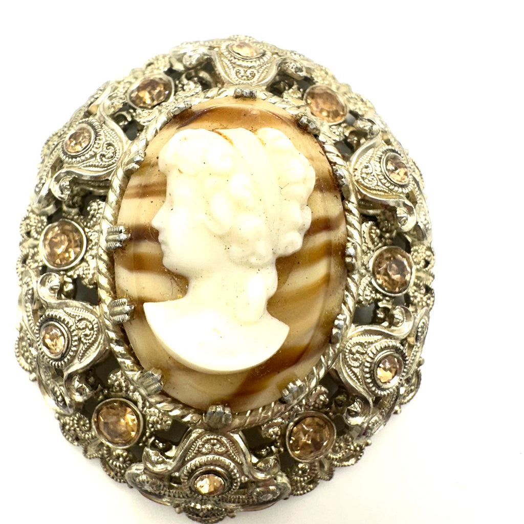 West Germany 1950s gold tone art glass agate cameo rhinestones filigree brooch