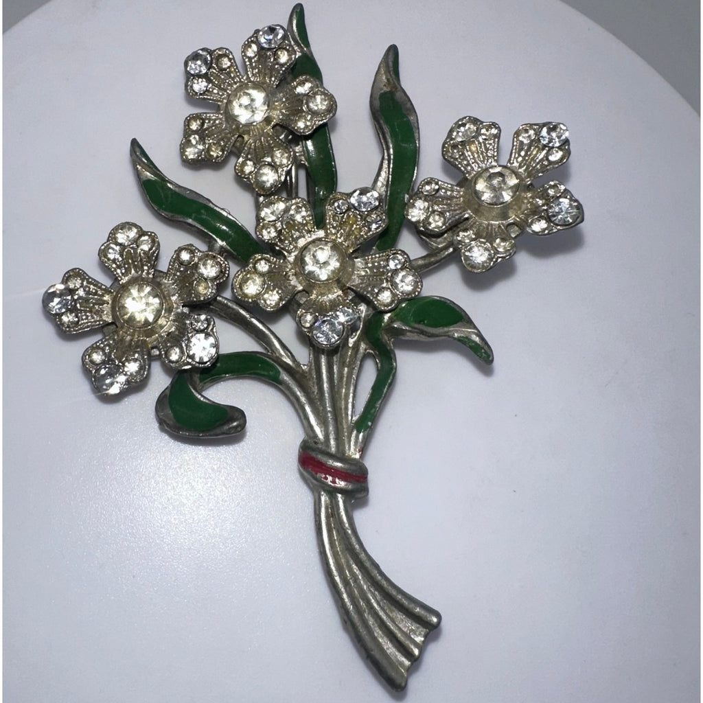 Staret vintage 1930s 1940s silver tone enamel clear rhinestones floral brooch