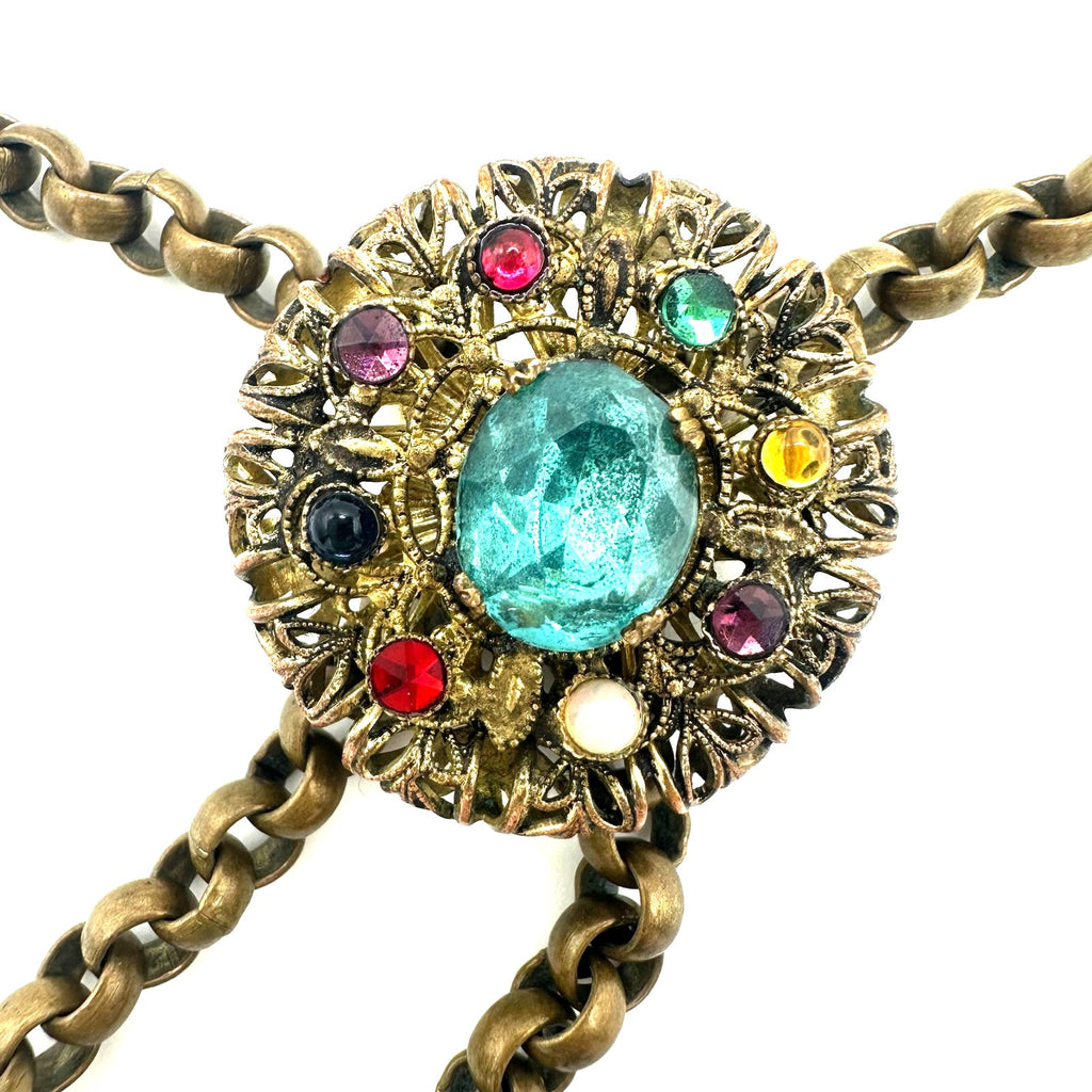 Antique Art Deco gold tone brass Czech glass rhinestones slider tassel necklace