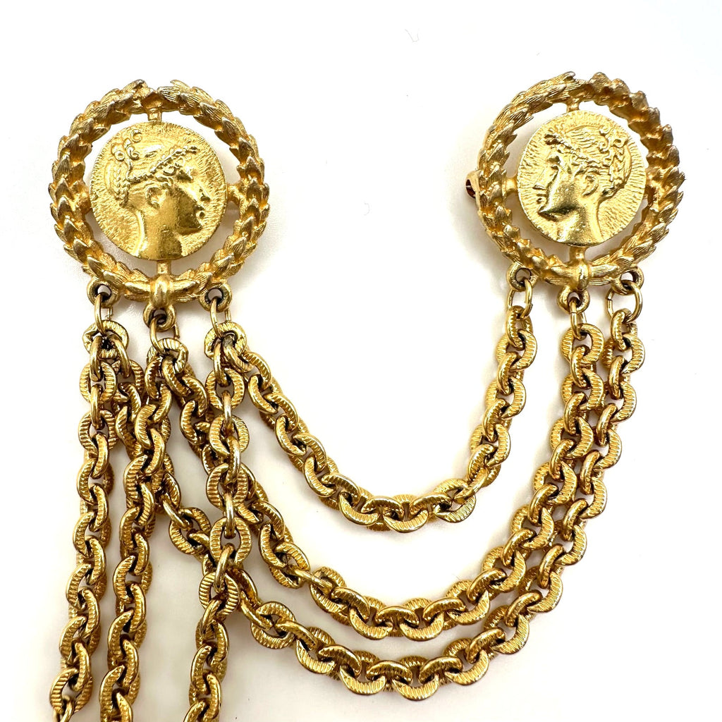 Monet 1980s vintage gold plated double 2 cameo Roman coins chains swag brooch