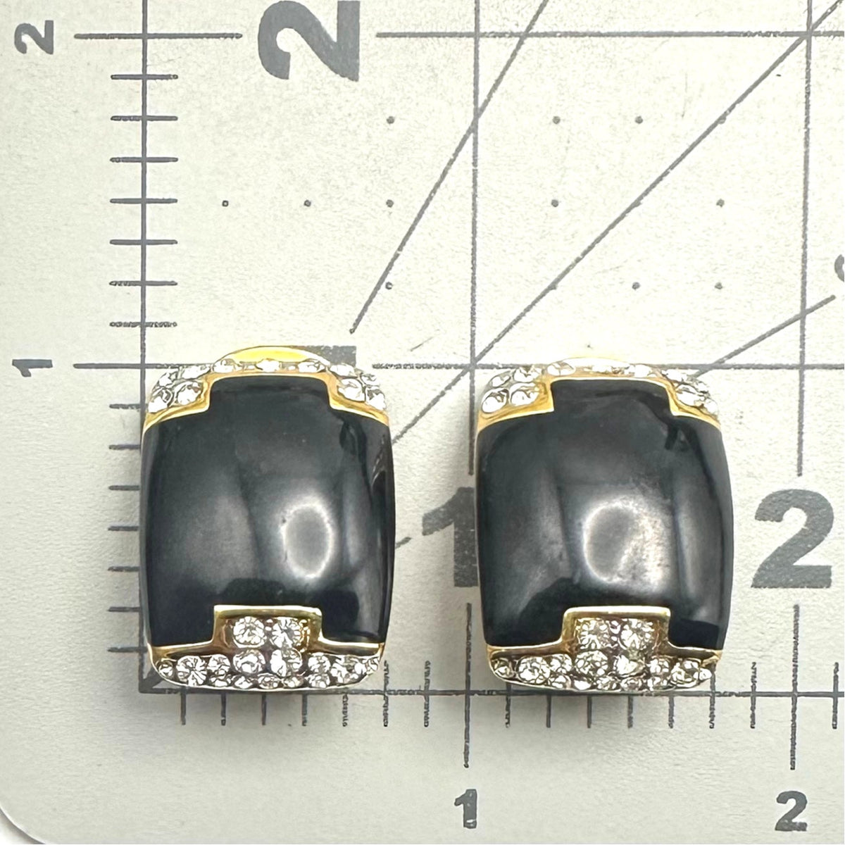 Alfred Sung vintage gold tone clear rhinestones black enamel clip on earrings