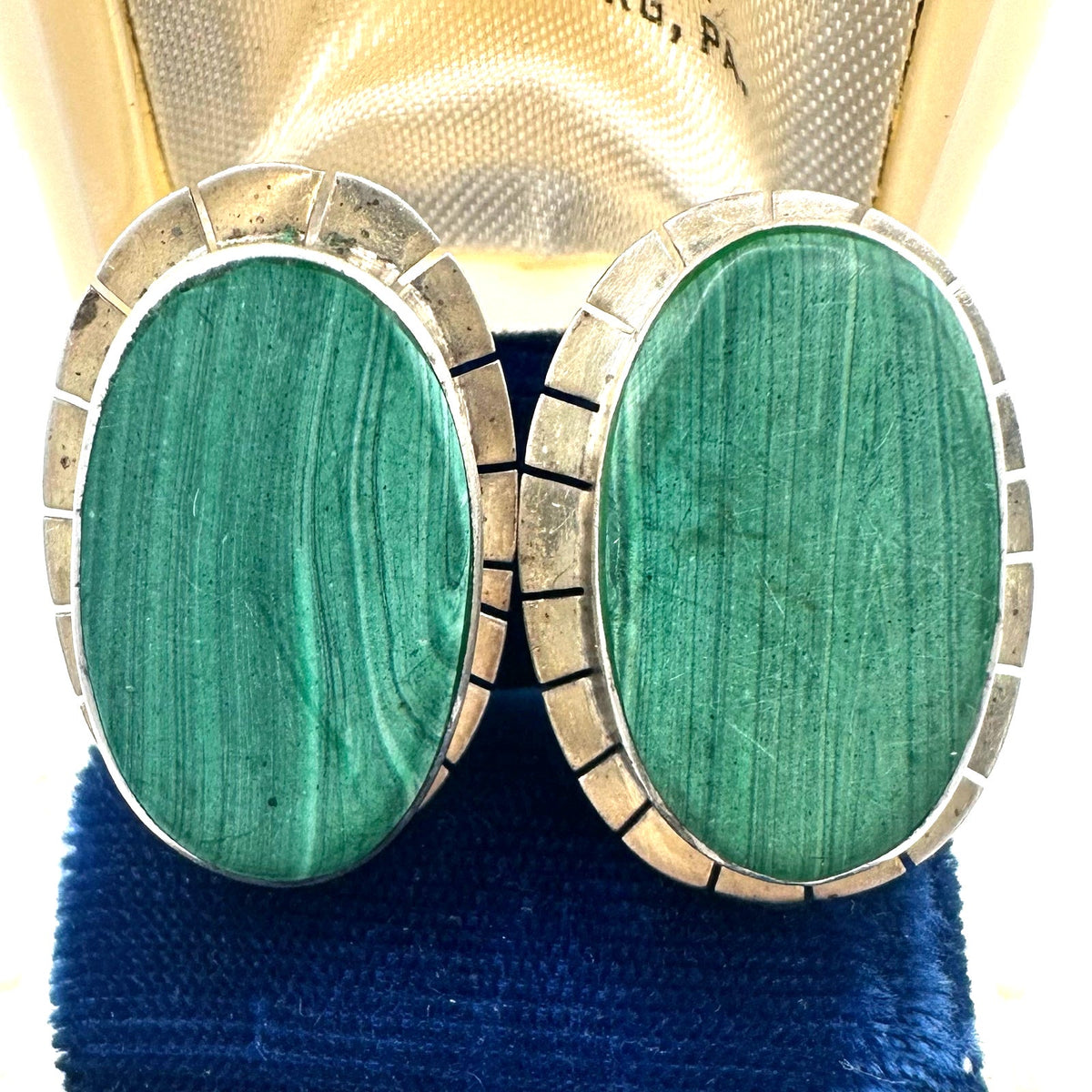 Taxco Mexico vintage sterling silver green malachite cabochons clip on earrings