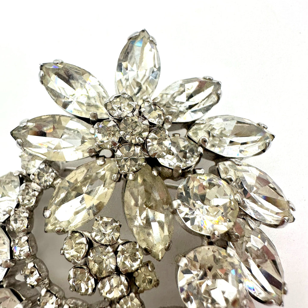 1950s high end vintage silver tone clear glass rhinestones brooch