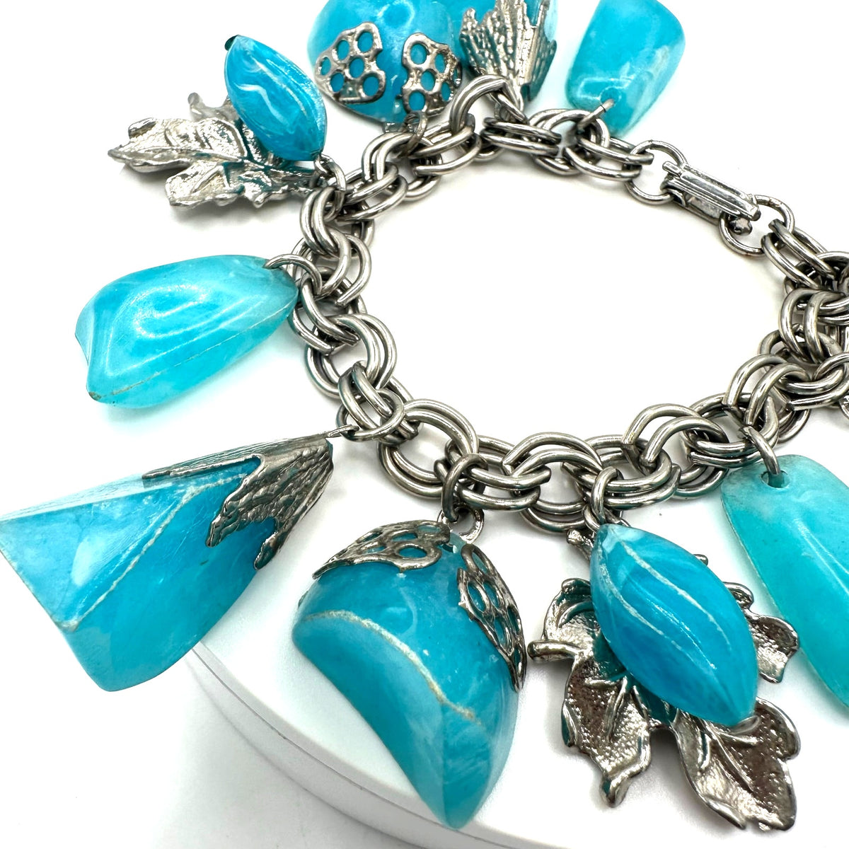 Vintage 1960s silver tone double cable link light blue lucite charms bracelet