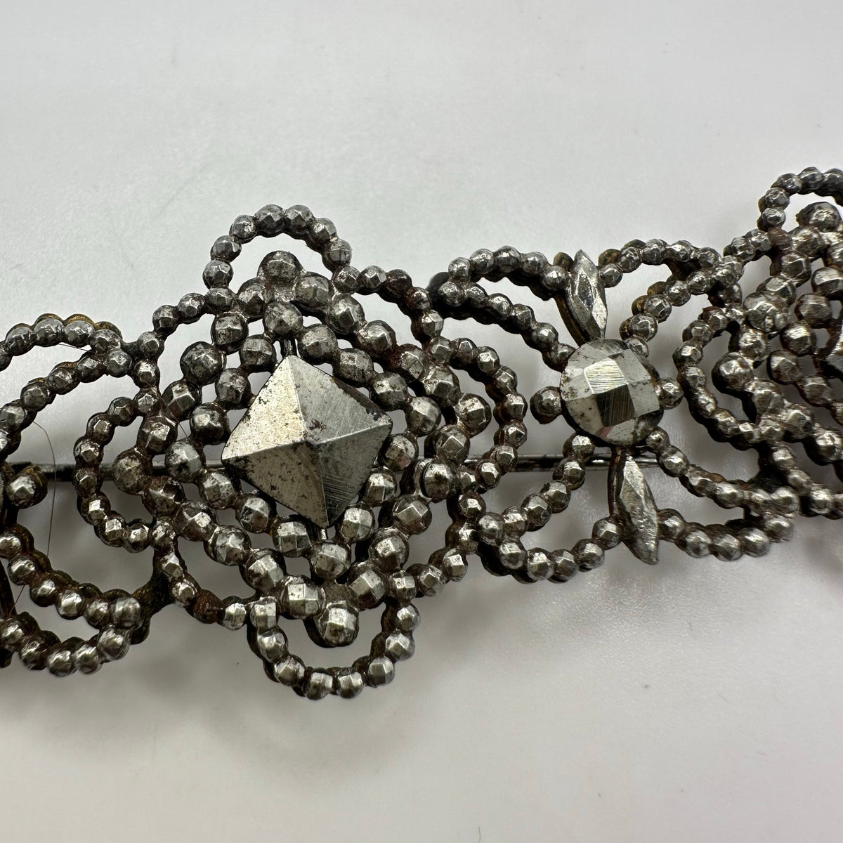 Antique Victorian 1800s large silver tone faceted cut steel brooch bar pin