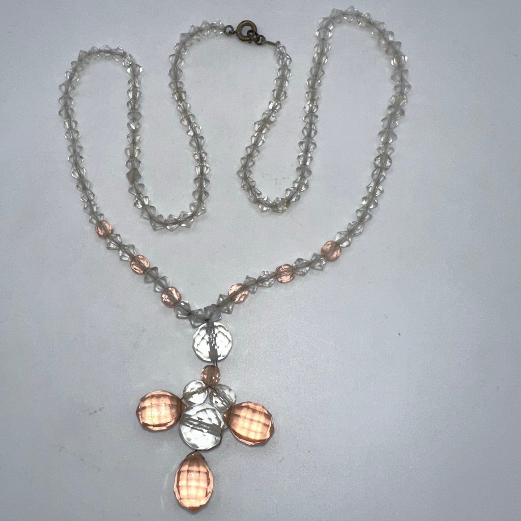 Antique Art Deco 1930s clear peach Czech glass beads beaded graduated necklace