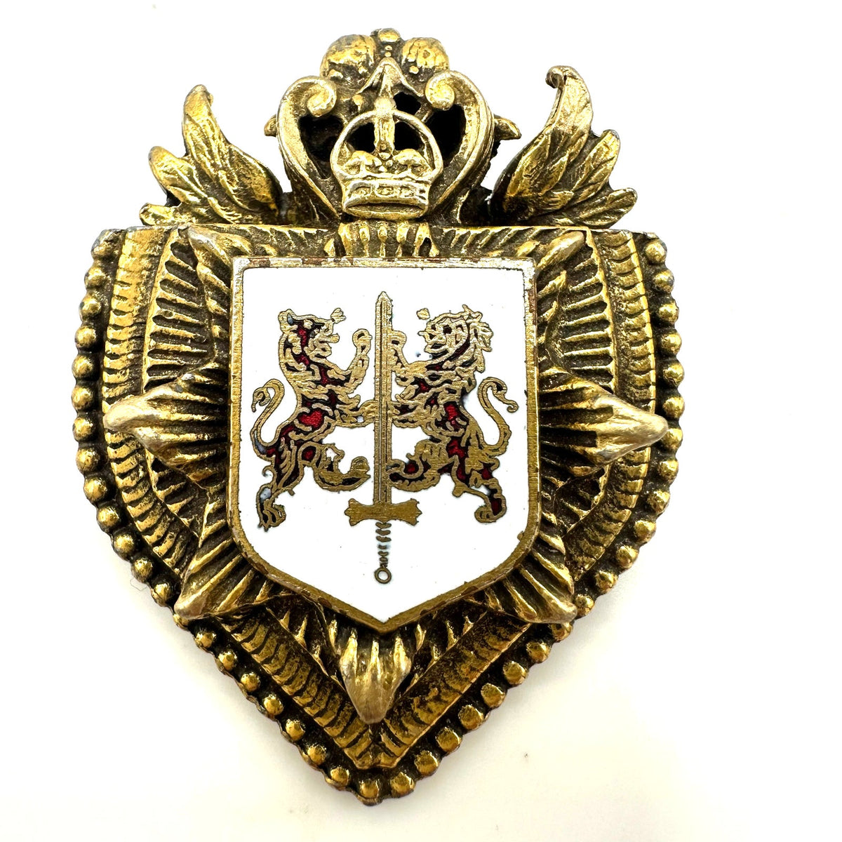 Vintage gold tone Heraldic white red enamel crest shield lion sword crown brooch