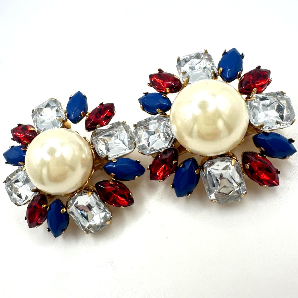 Vintage gold tone red blue clear lucite rhinestones faux pearl clip on earrings