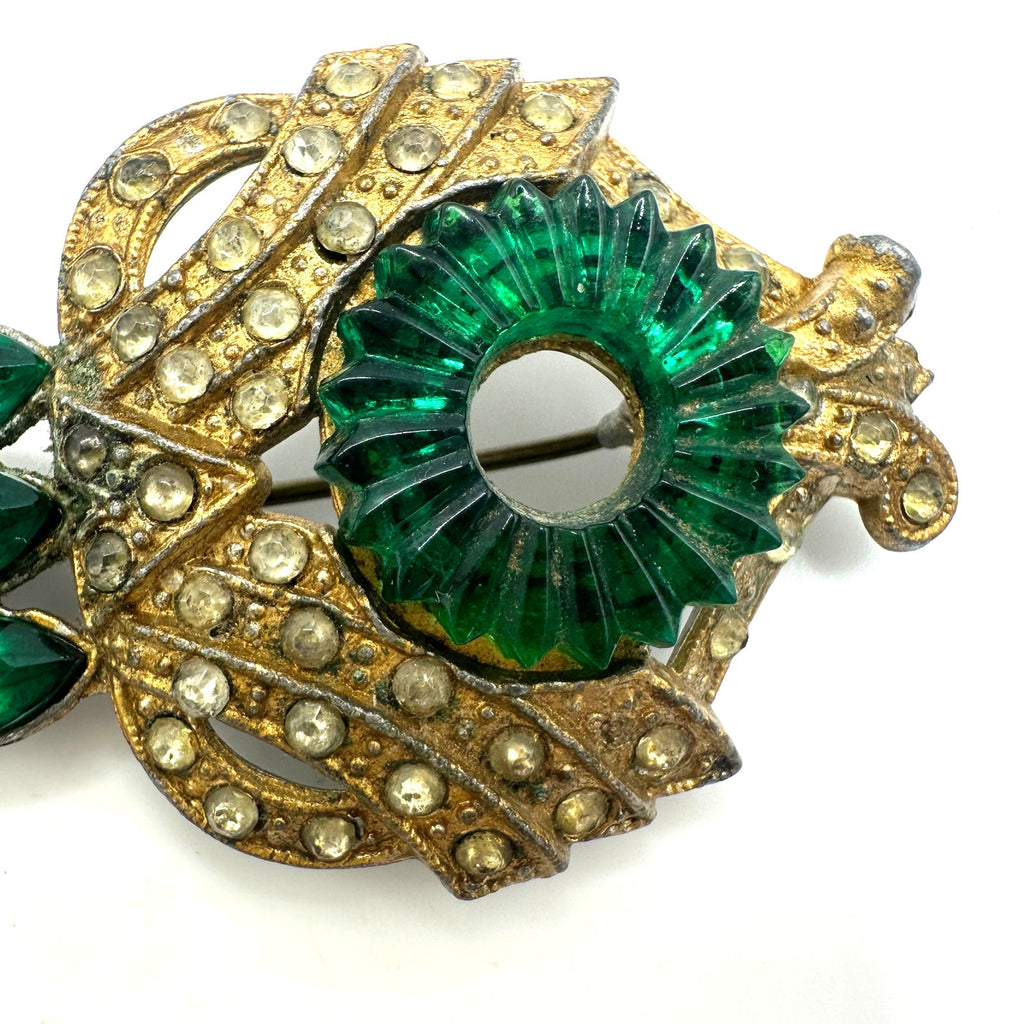 1930s antique Art Deco gold tone pot metal green clear Czech rhinestones brooch