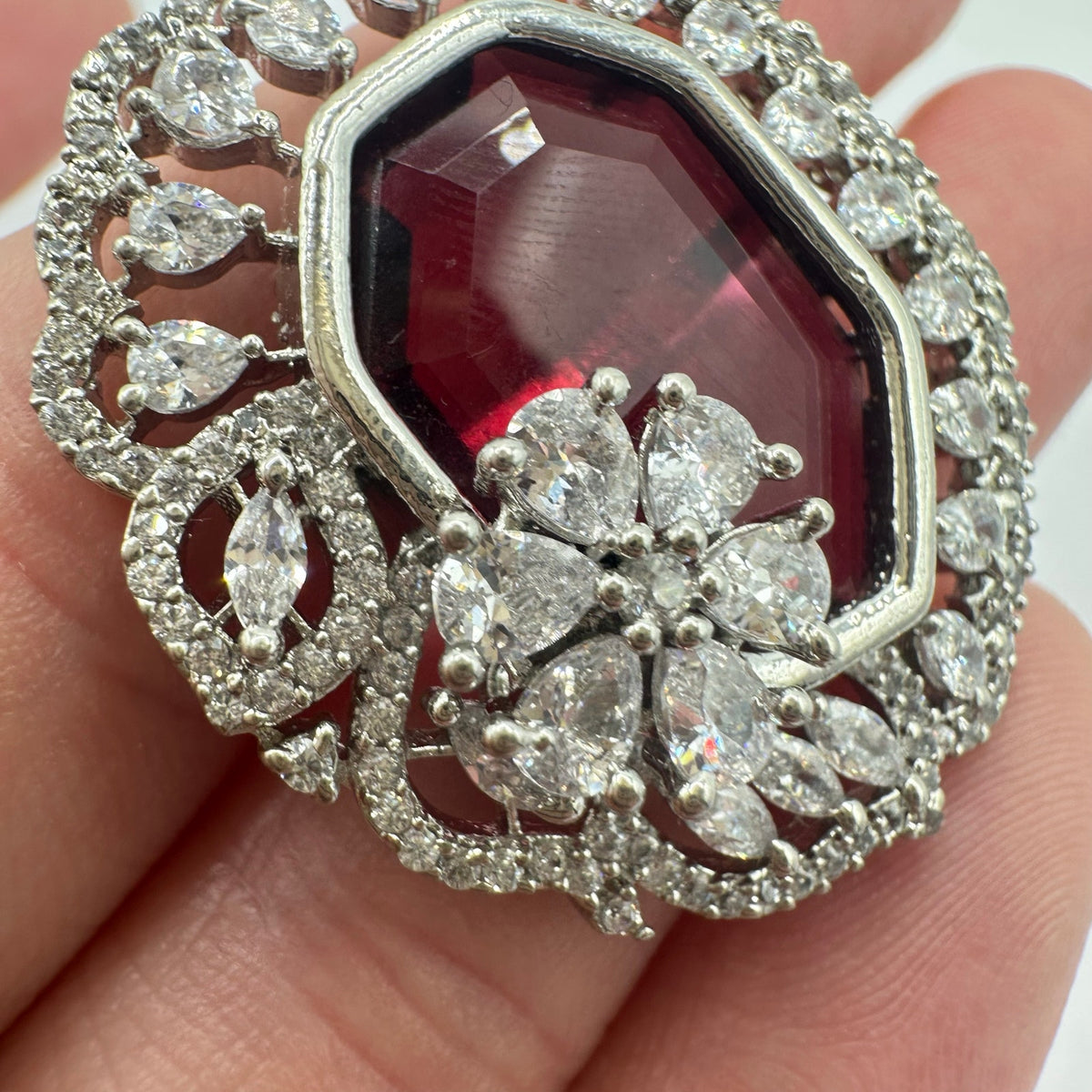 Silver tone red crimson clear cubic zirconia cluster adjustable statement ring