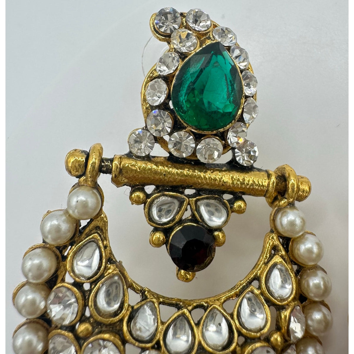 Indian Bridal gold kundan green purple glass rhinestones faux pearl earrings