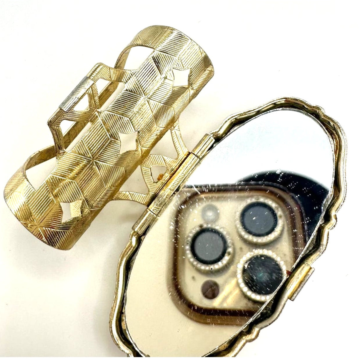 Japan 1950s vintage gold tone porcelain floral lipstick holder mirror compact