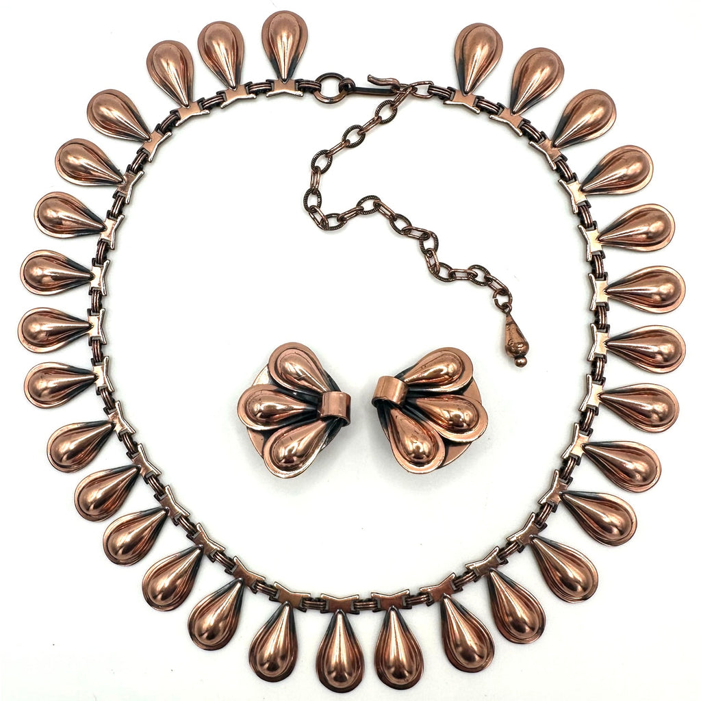 Ramé vintage solid copper modernist teardrop necklace clip on earrings set