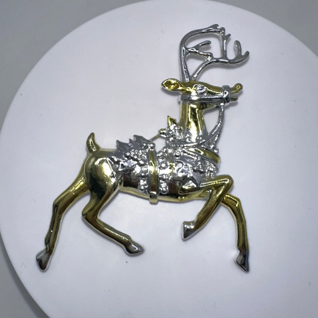 Danecraft vintage silver gold two tone large reindeer animal figural pin brooch