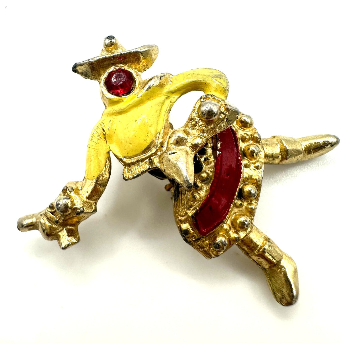 1940s vintage retro gold tone rhinestone enamel articulated figural brooch