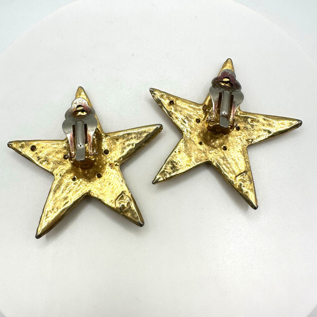 Vintage 1990s gold tone clear rhinestones 5 point stars clip on earrings