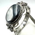 Vintage Victorian Revival silver tone hematite glass hinged bangle bracelet