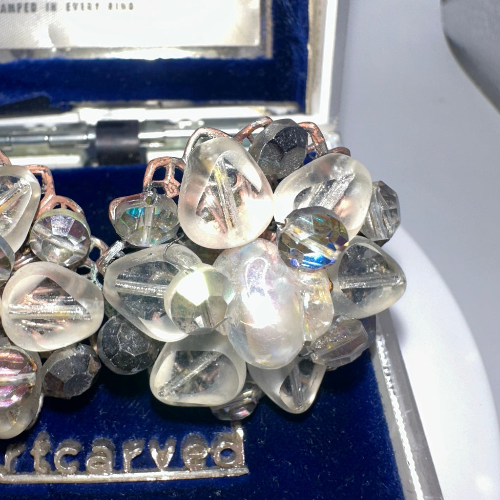 Vintage silver tone AB watermelon glass beads beaded cluster clip on earrings