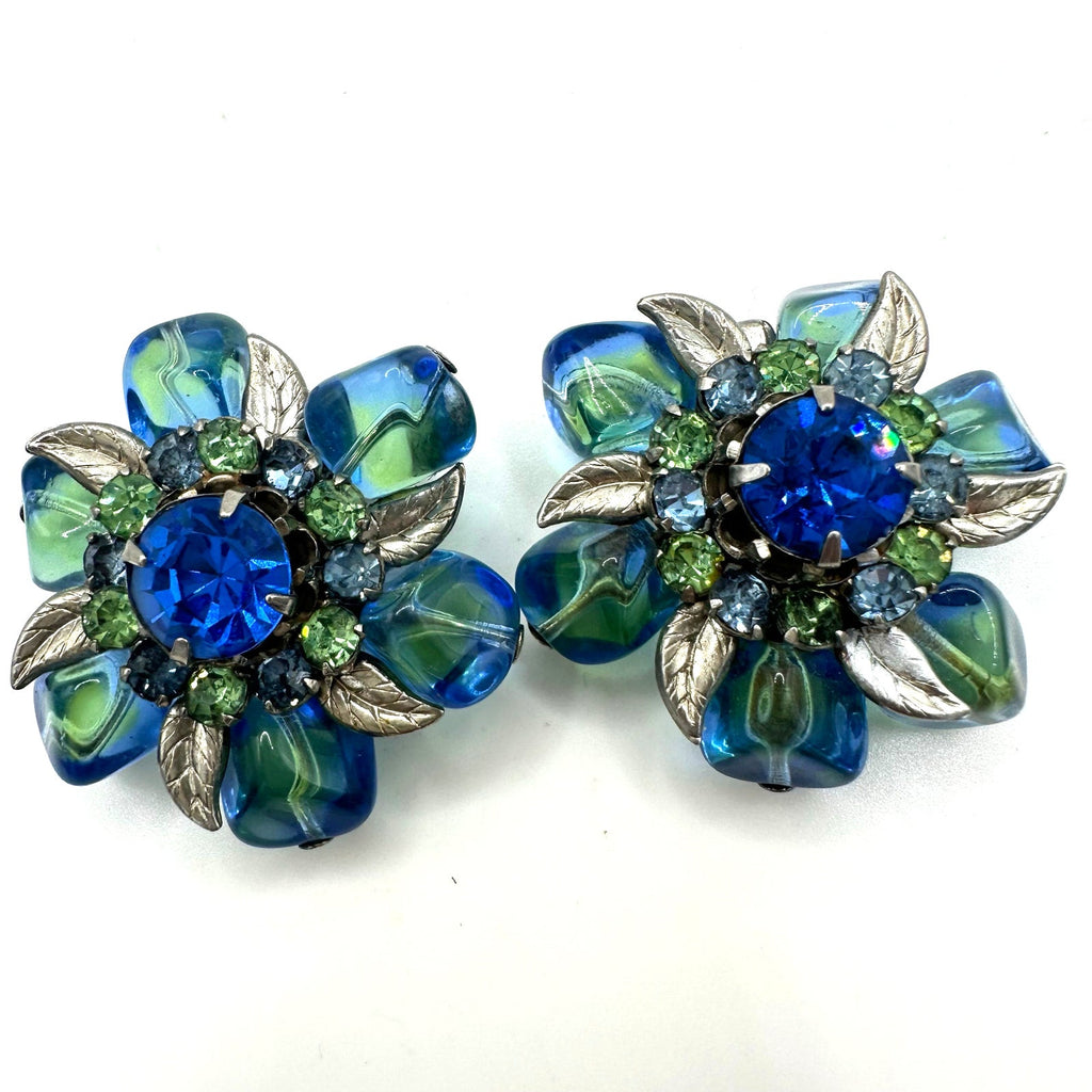Vintage silver tone blue green givré uranium glass rhinestones clip on earrings