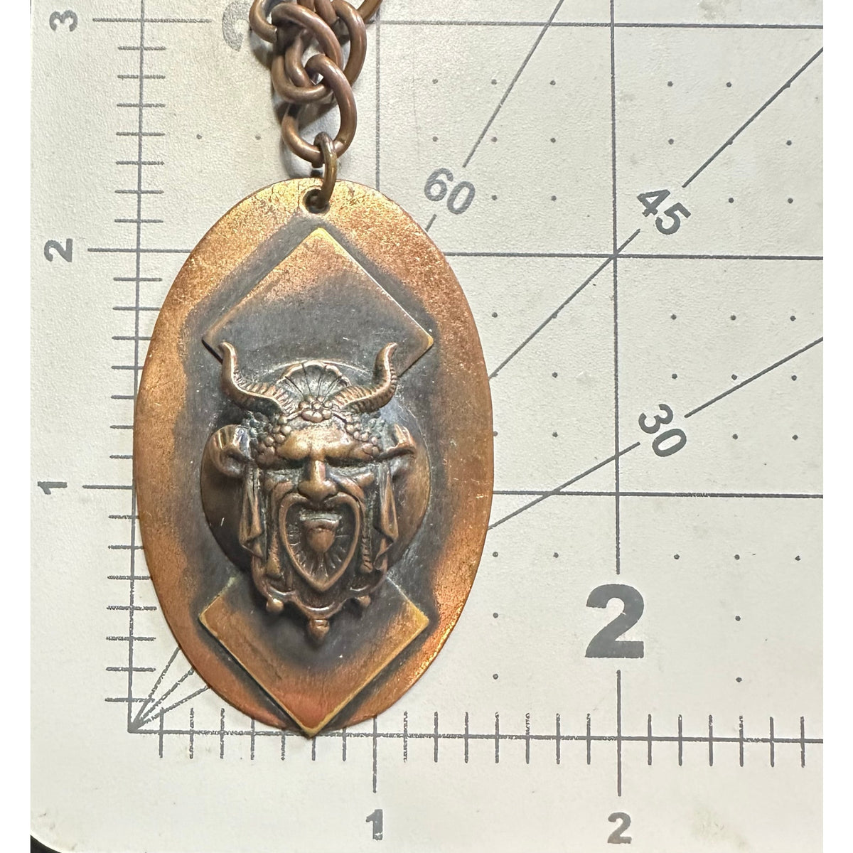 Vintage 1970s cast copper Viking figural pendant curb link chain necklace
