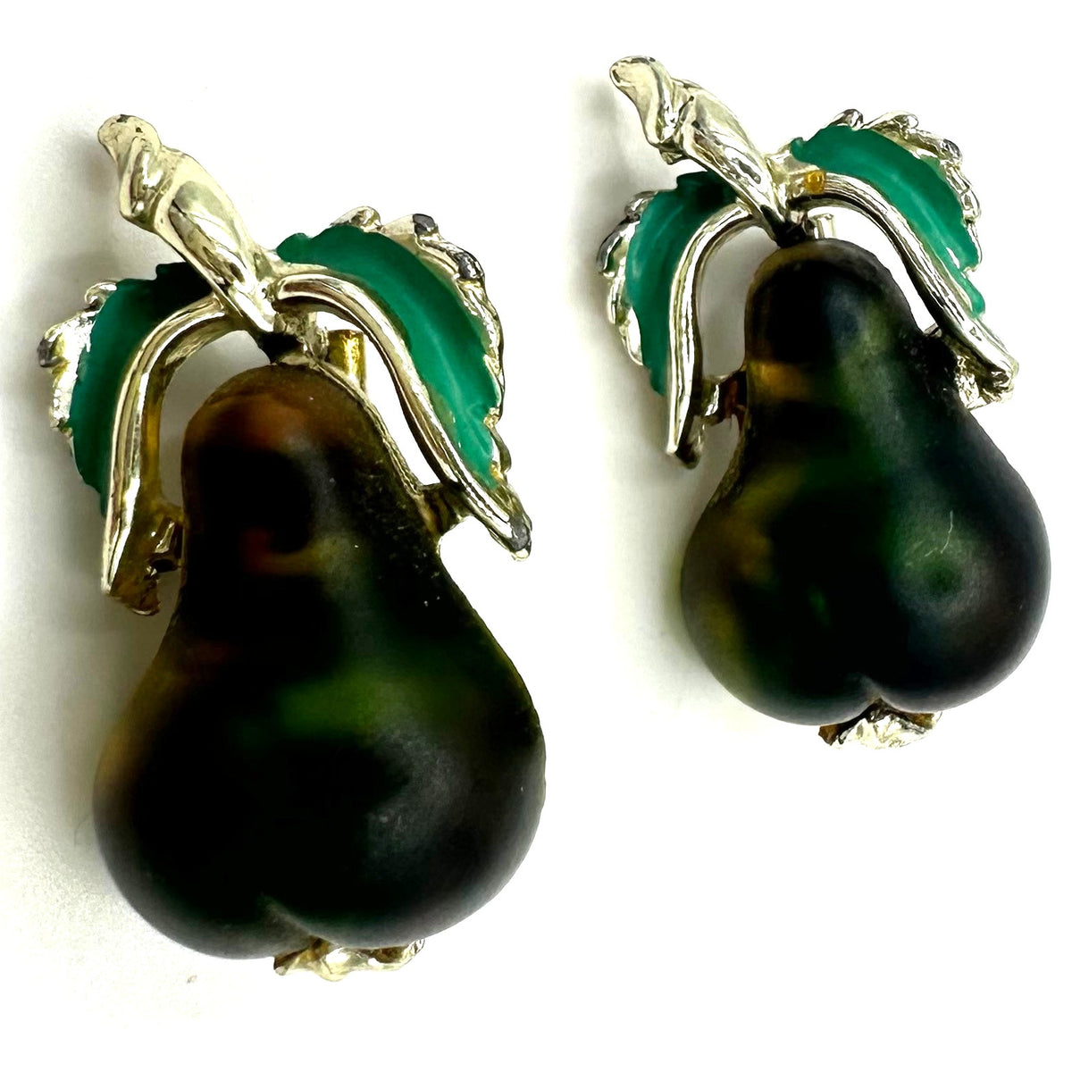 Set 2 vintage gold tone green Austrian art glass enamel pears brooches pins