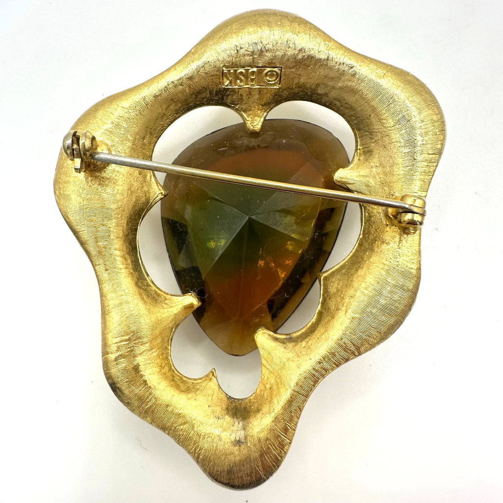 BSK vintage gold tone topaz brown green givré glass massive rhinestone brooch