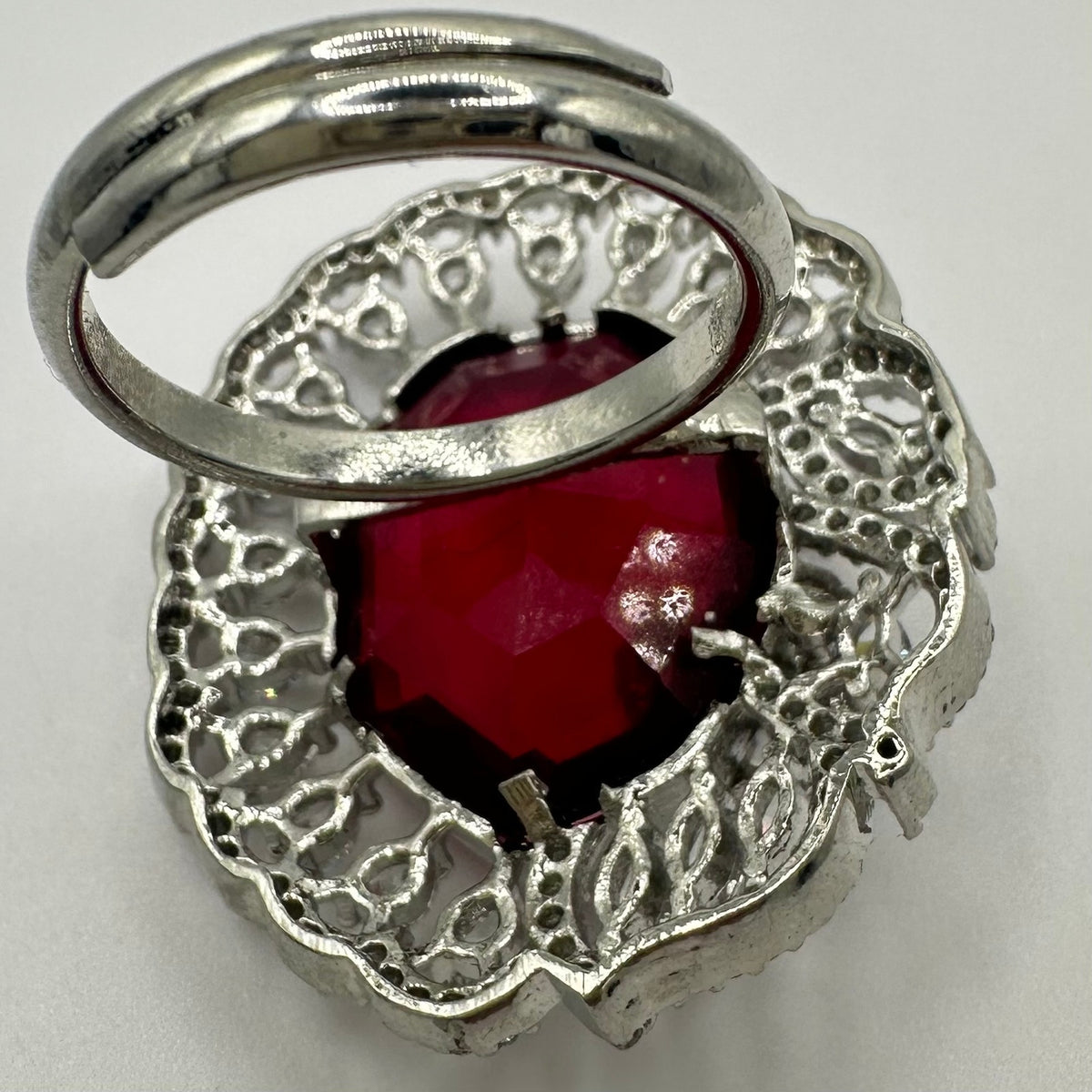 Silver tone red crimson clear cubic zirconia cluster adjustable statement ring