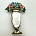 1940s vintage silver tone enamel flowers mother of pearl vase dress clip
