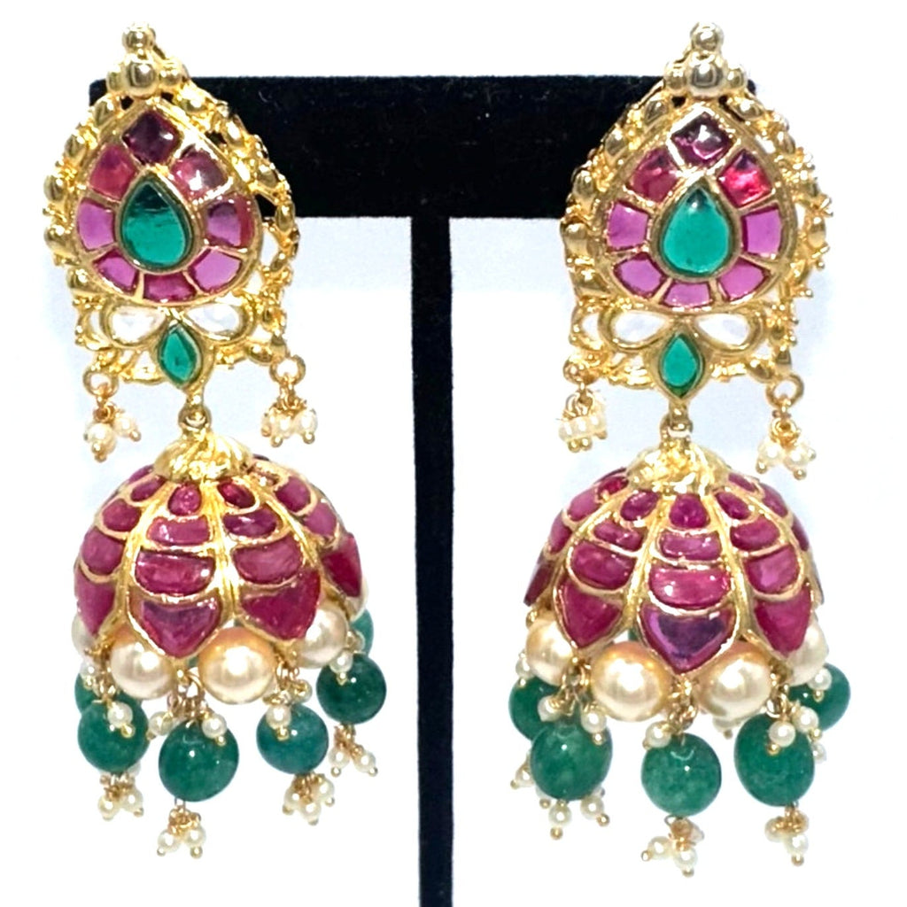 Indian Bridal gold plated real ruby green gems beaded pearls jhumka earrings