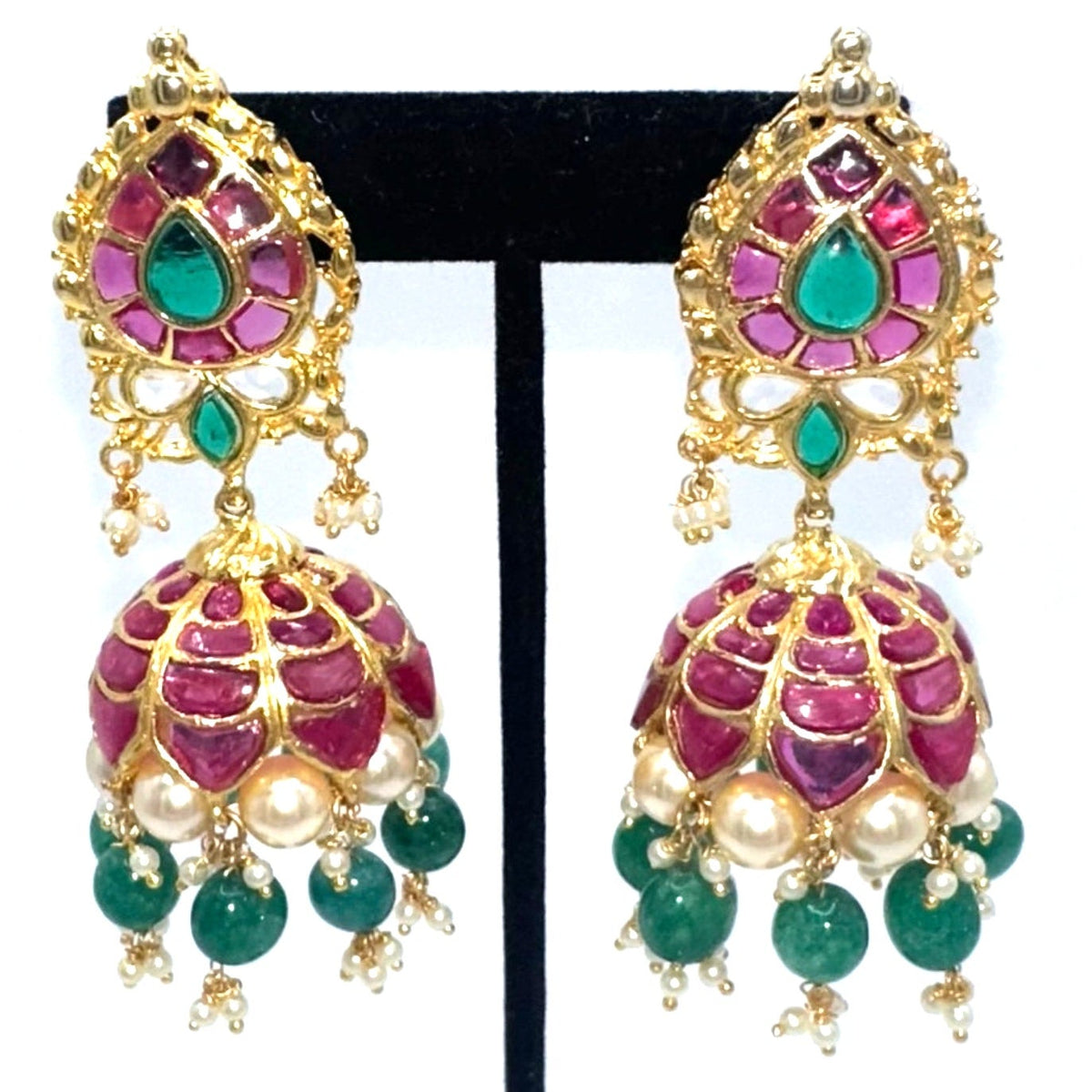 Indian Bridal gold plated real ruby green gems beaded pearls jhumka earrings