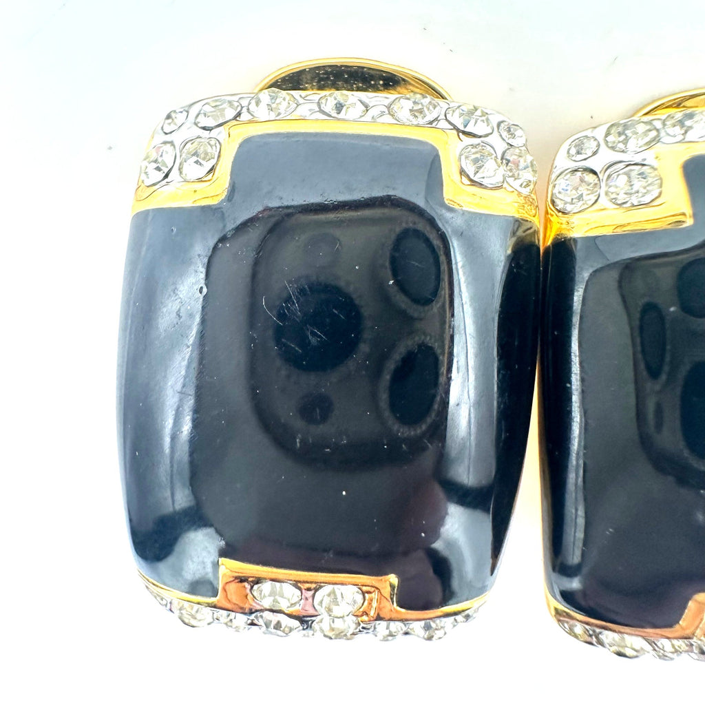 Alfred Sung vintage gold tone clear rhinestones black enamel clip on earrings