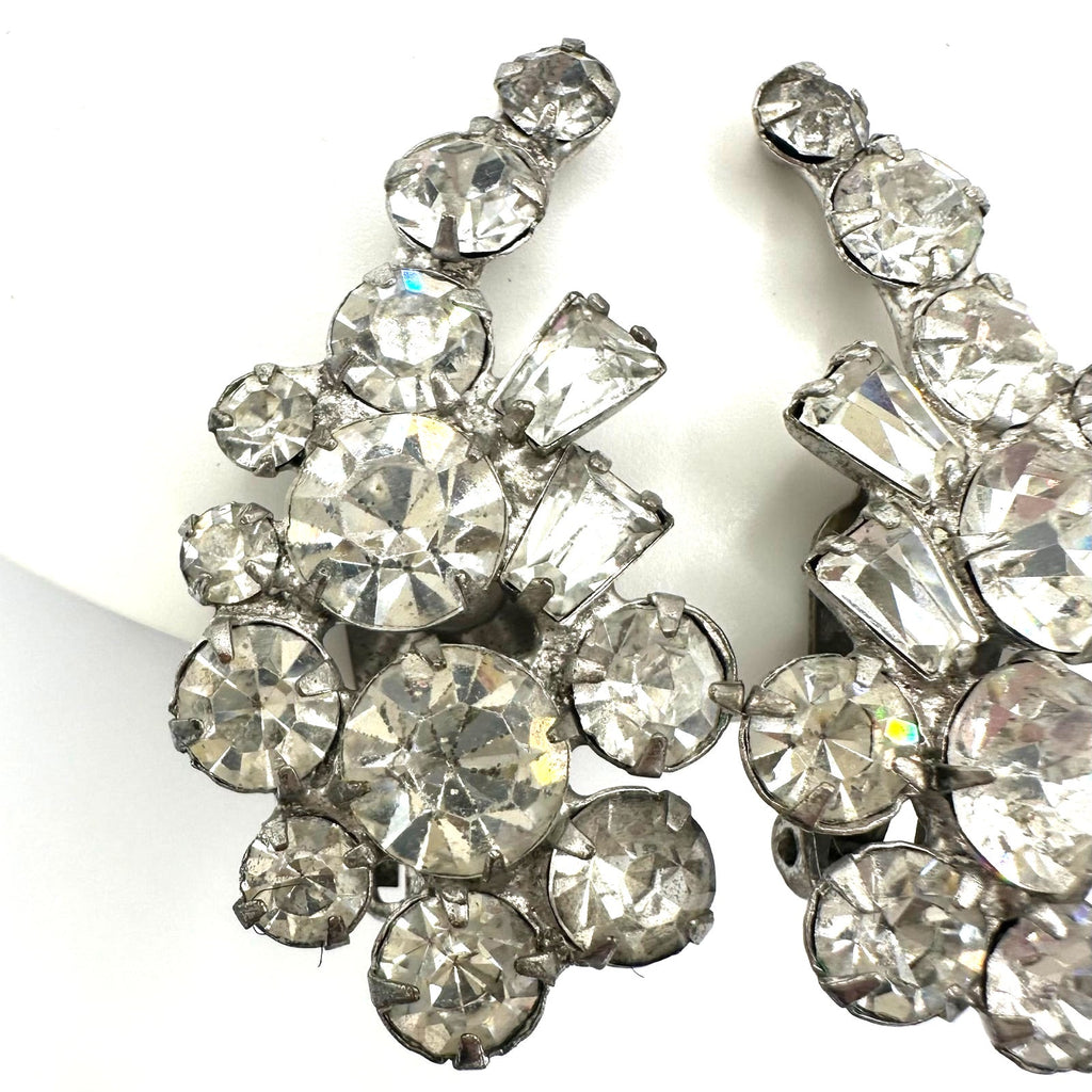 1940s vintage silver tone clear glass rhinestones crawler clip on earrings