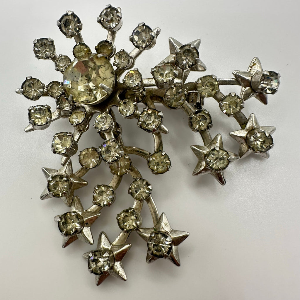 Unsigned Schurin vintage silver tone clear rhinestones stars starburst brooch