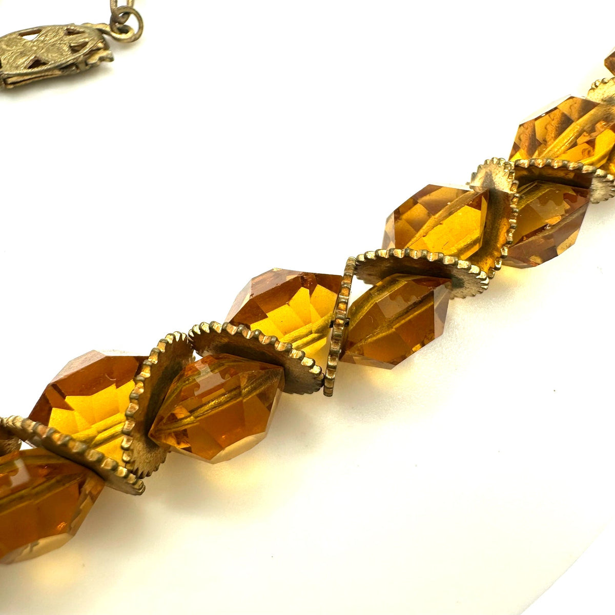 Antique Art Deco amber topaz Czech glass rondelles beaded 16” chain necklace