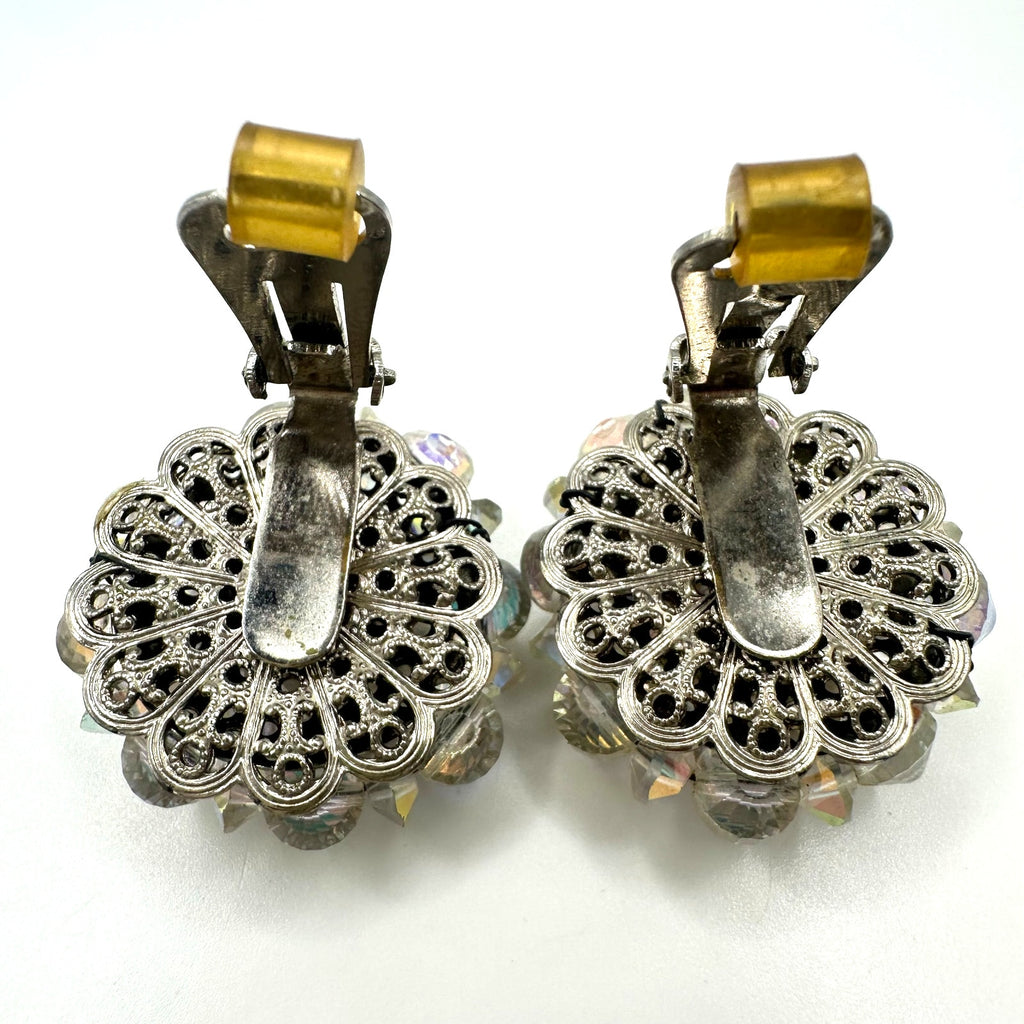 Hobé vintage silver tone aurora borealis glass beaded cluster clip on earrings