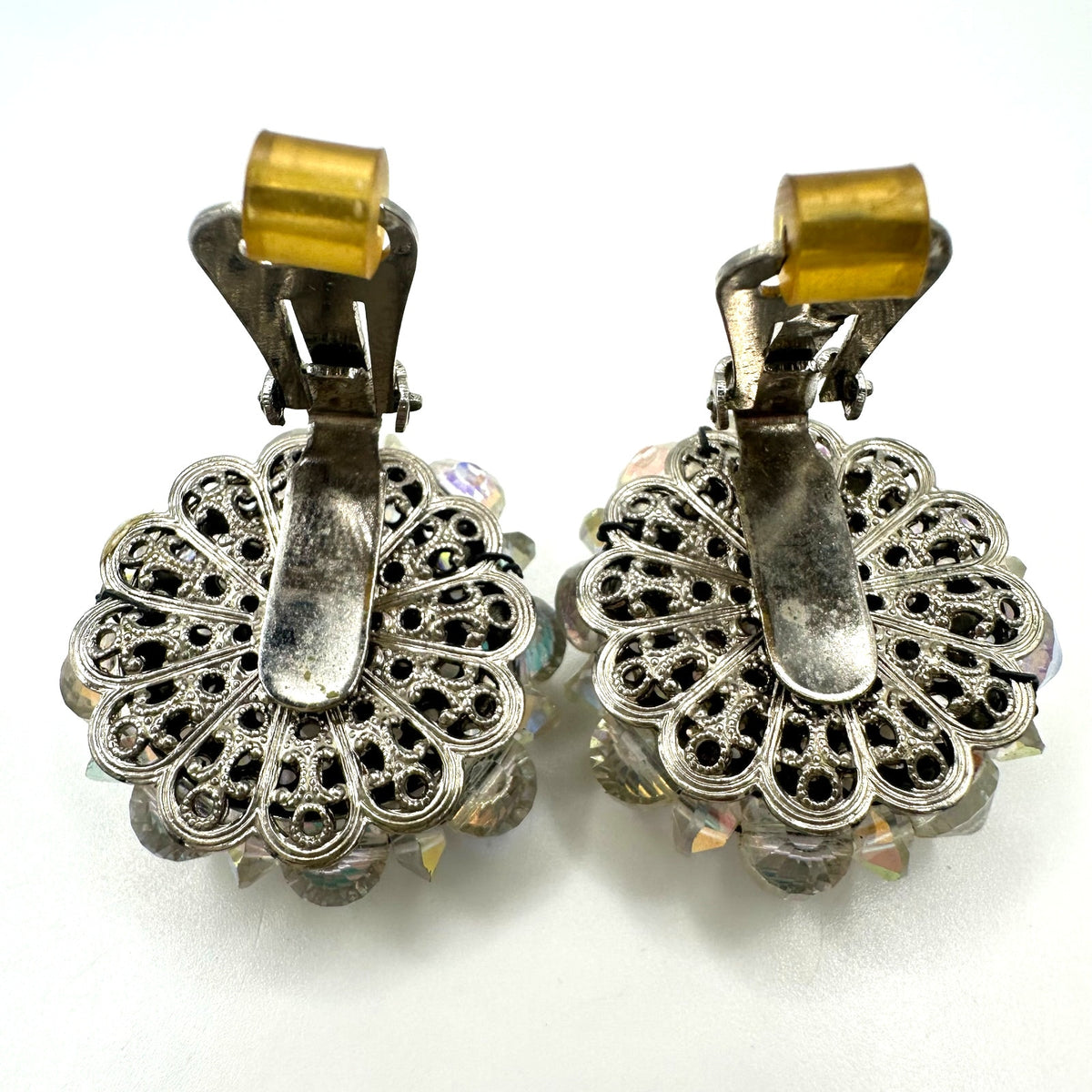 Hobé vintage silver tone aurora borealis glass beaded cluster clip on earrings