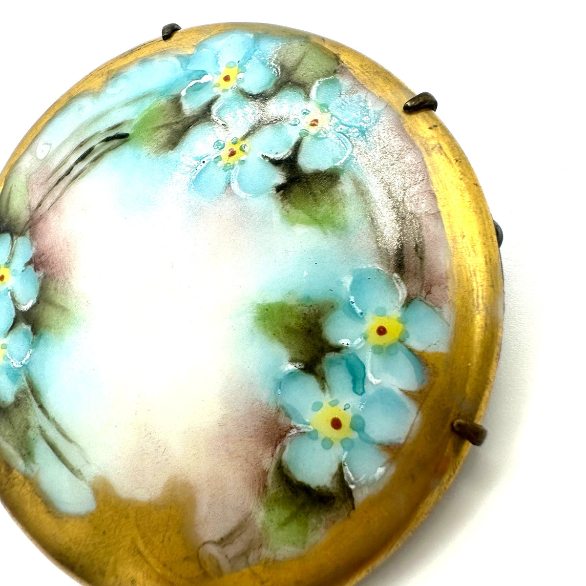 Antique Victorian Edwardian hand painted blue forget me not flowers brooch