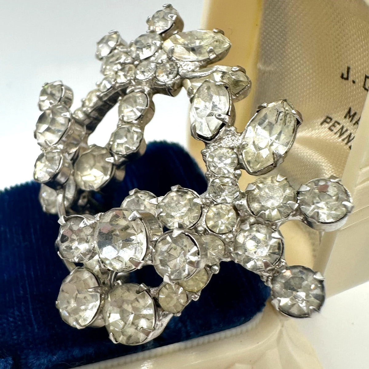 Vintage high end silver tone clear rhinestones wire over clip on earrings